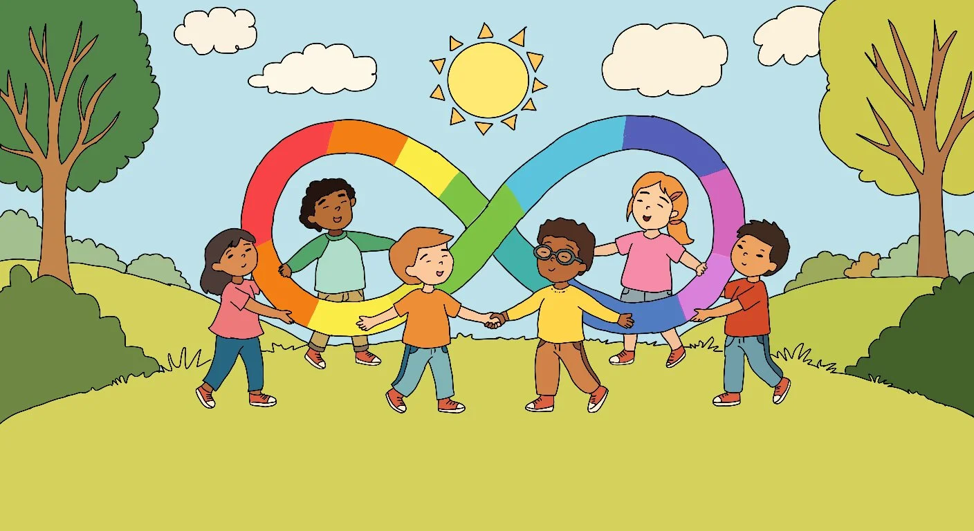 Six children holding a rainbow infinity symbol in a sunny park