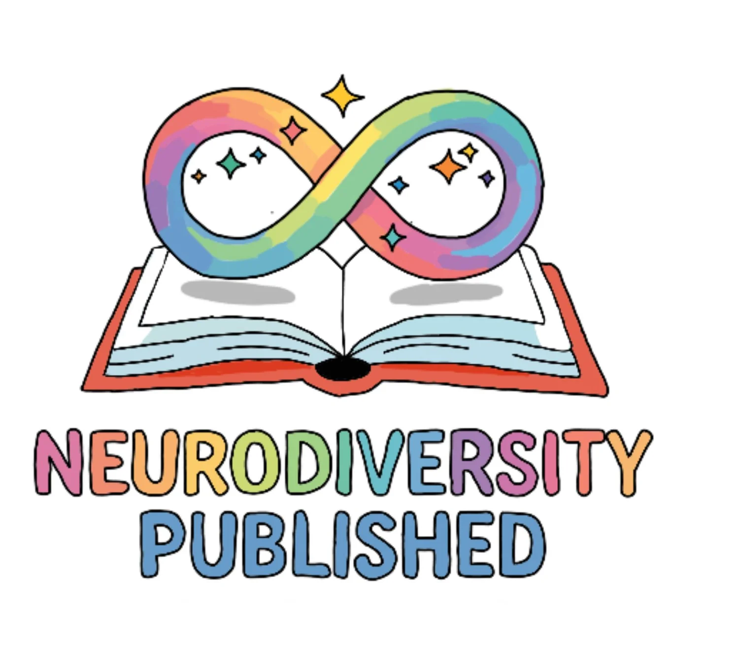 Neurodiversity Published logo: a rainbow infinity symbol with stars above an open book