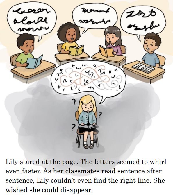 A page from The Dancing Words: Lily sits at her desk while the letters in her classmates' speech bubbles whirl